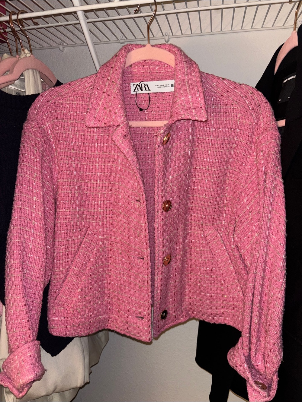 Zara Pink Tweed Boxy Crop Jacket